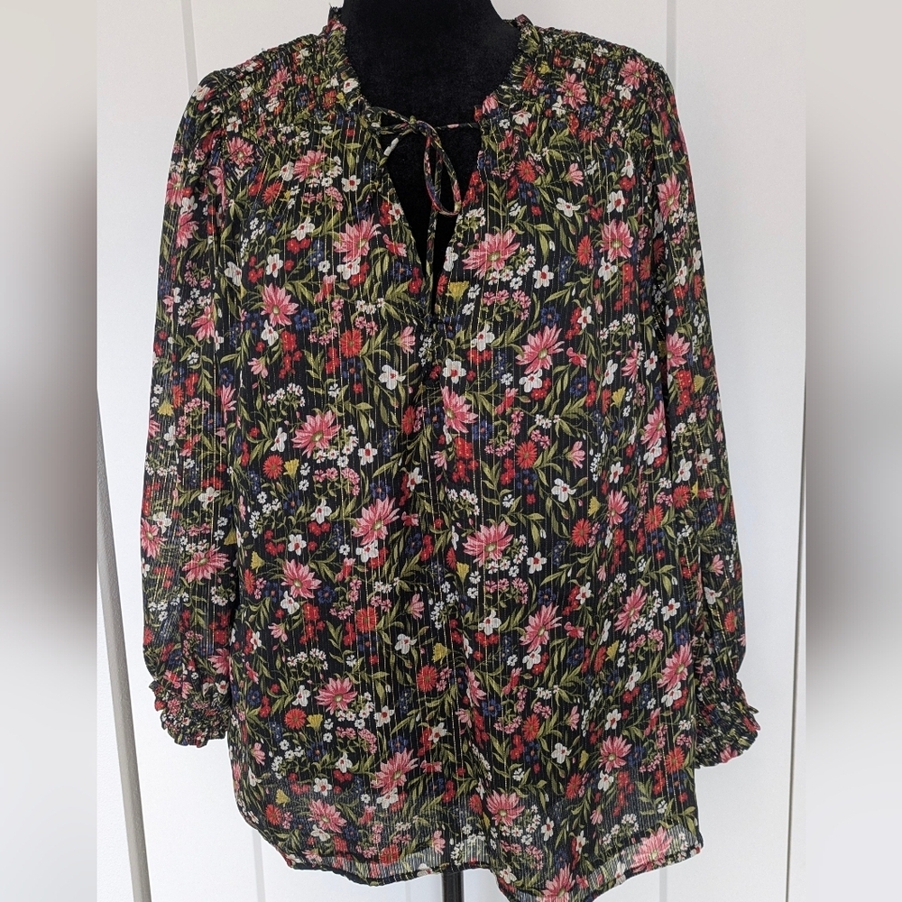 Old Navy Women's Blouse Floral Plus Sz 2X Long Sleeve V-Neck Pullover Top Lined